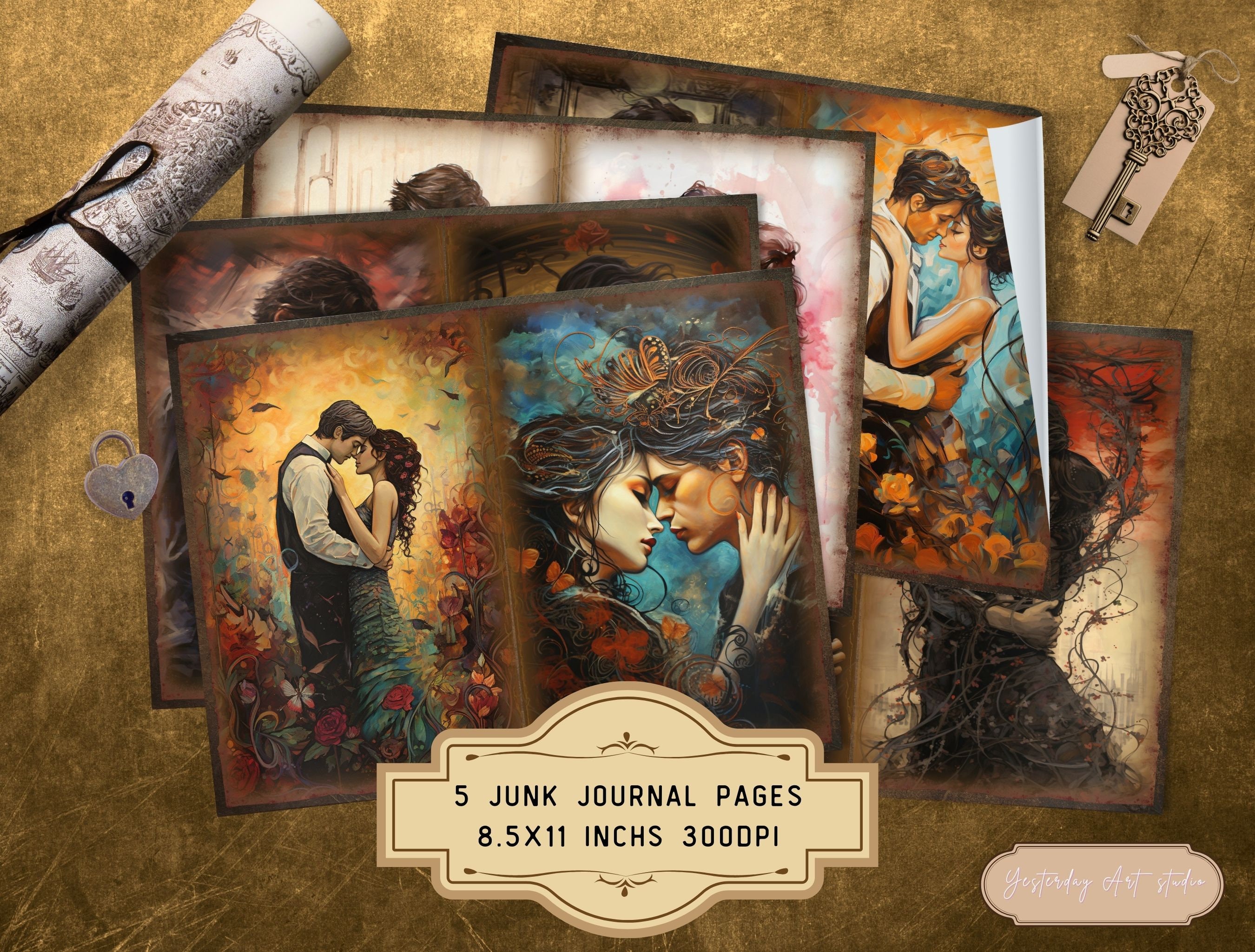 Romantic Couple Junk Journal Pages Ephemera Digital Scrapbook Valentine Paper Kit Collage ...