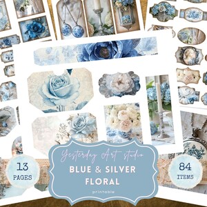 Dreamy Vintage Floral Junk Journal Kit Blue and Silver Flowers Ephemera Shabby Chic Junk Journal Pages Dusty Blue Floral Scrapbooking Supply