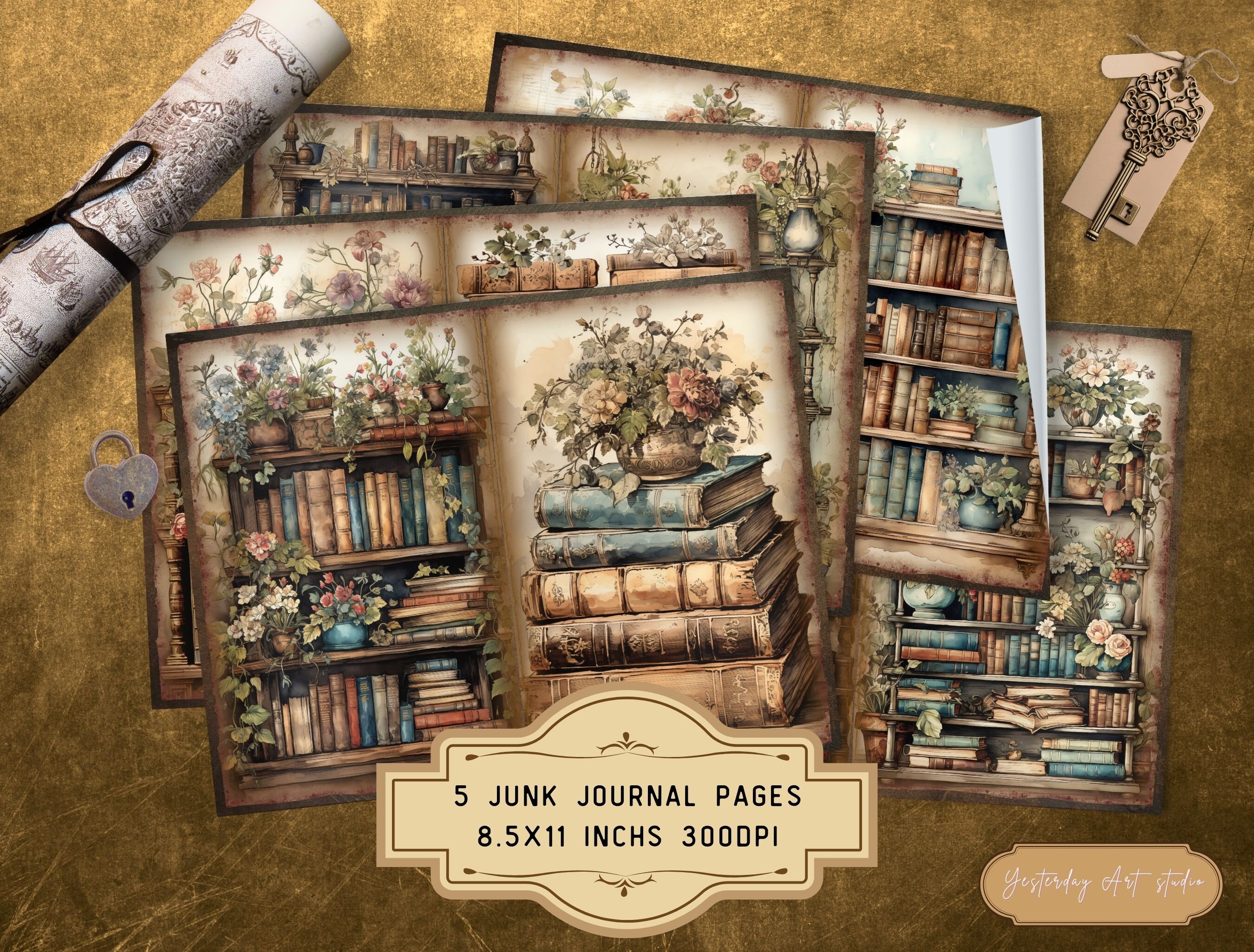 Vintage Library Junk Journal Pages Ephemera Digital Scrapbook Paper Kit ...
