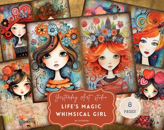 Zestaw stron dziennika śmieci Whimsical Girls do cyfrowego scrapbookingu Kolaż Zestaw dziennika śmieci Whimsical Girls do cyfrowego scrapbookingu Fantastyczne efemerydy Fantastyczny papier cyfrowy