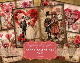 Valentine Love Junk Journal Page Ephemera Digital Scrapbook Valentine Paper Kit Collage Valentines Junk Journal Kit Valentines Day paper