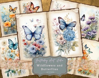 Watercolor Wildflowers Junk Journal Printable Papers Digital Scrapbook Paper Kit Vintage Ephemera Collage Sheet Butterfly Junk Journal Page