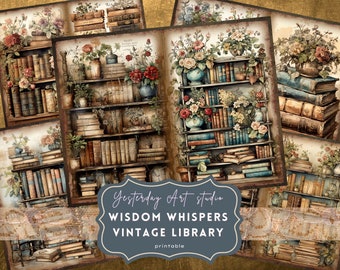 Biblioteca vintage Junk Journal Pages Ephemera Digital Scrapbook Paper Kit Collage Libro antiguo Junk Journal Kits literatura de la biblioteca del viejo mundo