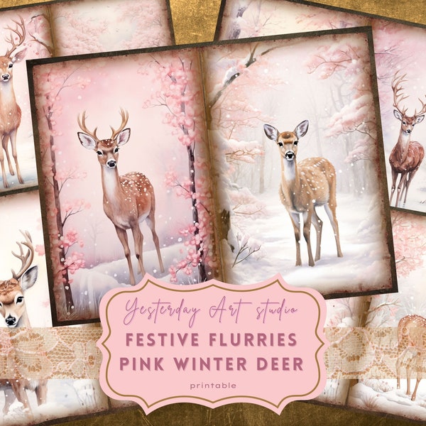 Pink Winter Deer Junk Journal Pages Winter Ephemera Digital Scrapbook Paper Kit Collage Pink Christmas Junk Journal Kit Winter Deer Journal