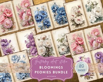 Peony Junk Journal Pink Peony Scrapbook Peony Junk Journal Kit Vintage Floral Ephemera Purple Peony Digital Paper Collage Sheet Blue Peony