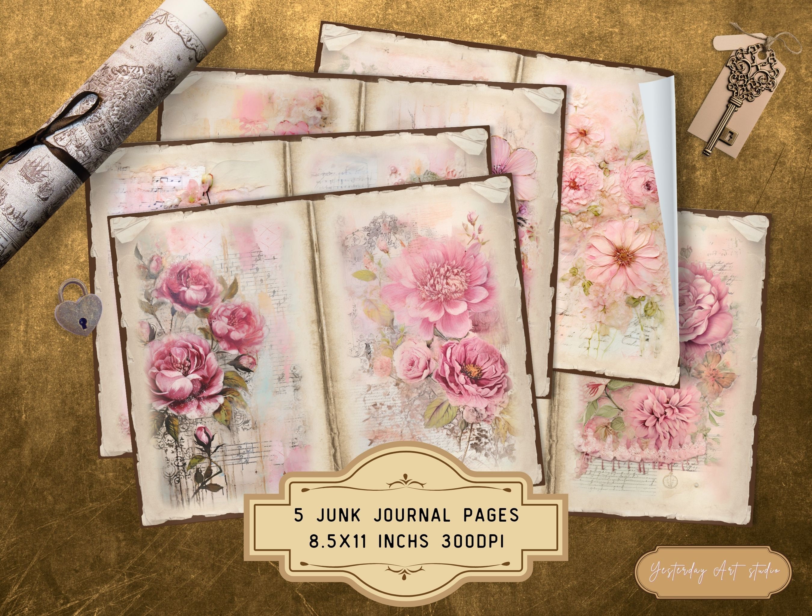 Shabby Pink Floral Junk Journal Pages Ephemera Digital Scrapbook Paper ...