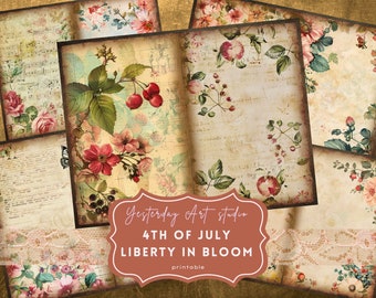 4th of July Junk Journal Kit USA Holiday Ephemera Patriotic Scrapbook Kit Independence Day Journaling Supplies Floral Fourth of July Pages