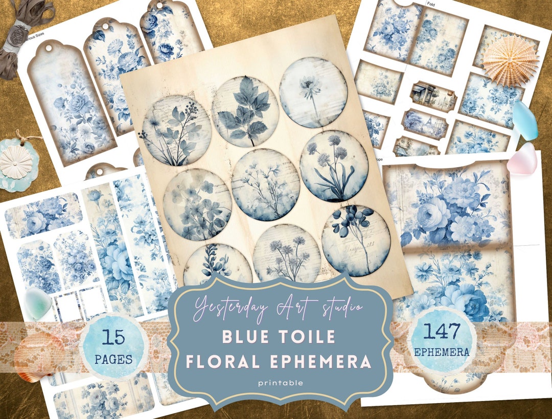 Vintage French Blue Toile Ephemera Junk Journal Pages Digital ...