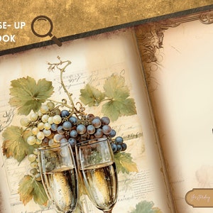 Peut inclure: Deux fl&ucirc;tes &agrave; champagne remplies de vin mousseux, avec une grappe de raisins verts et des feuilles en arri&egrave;re-plan. L'image a un style vintage avec un arri&egrave;re-plan d&eacute;lav&eacute;.