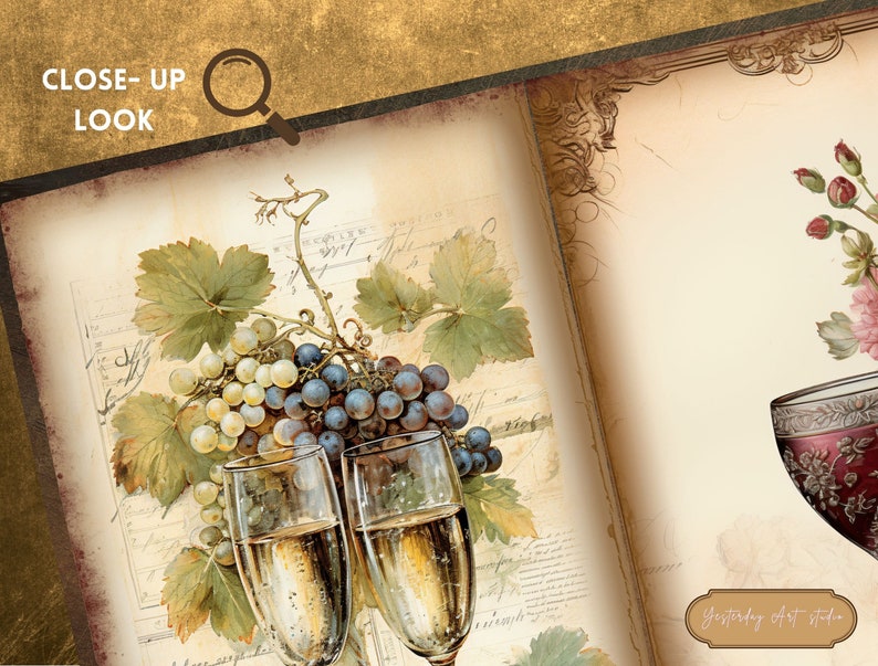 Peut inclure: Deux fl&ucirc;tes &agrave; champagne remplies de vin mousseux, avec une grappe de raisins verts et des feuilles en arri&egrave;re-plan. L'image a un style vintage avec un arri&egrave;re-plan d&eacute;lav&eacute;.