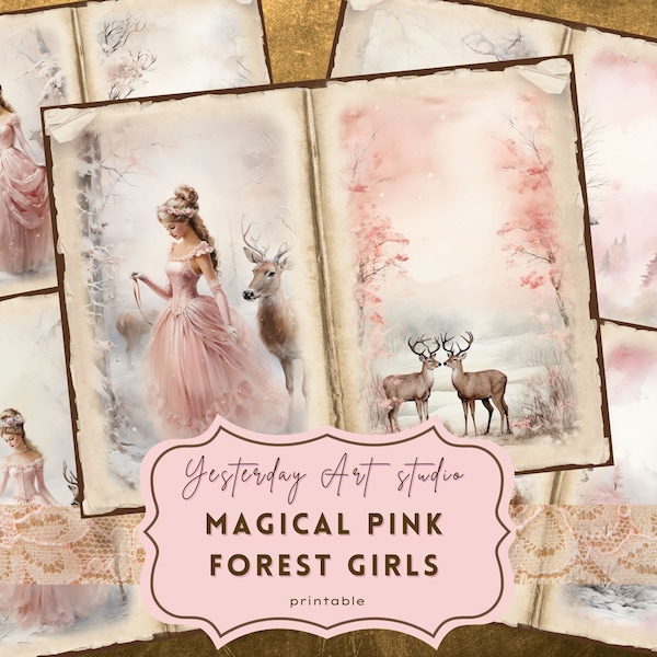 Pink Forest Girl Junk Journal Pages Ephemera Digital Scrapbook Paper Kit Collage Pink woodland girl Junk Journal Kits Pink Dreamy girls