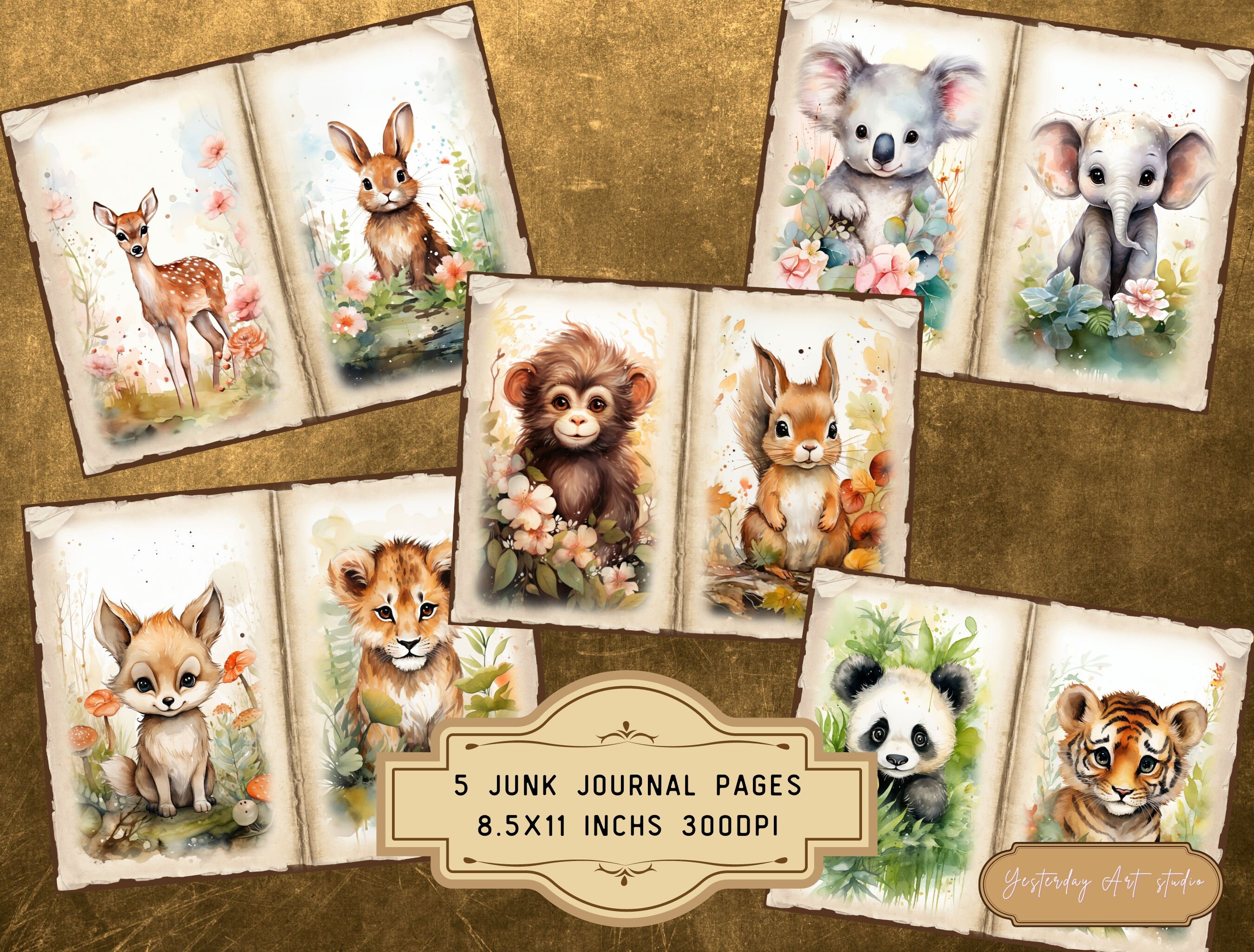 Watercolor Forest Animal Junk Journal Pages Ephemera Digital Scrapbook ...