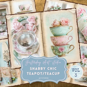 Kit de diario basura con tetera floral Shabby Chic Páginas imprimibles para diario de té Efímera floral en forma de taza de té Papel digital Shabby Chic vintage en color rosa