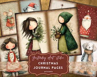Könnte beinhalten: Eine Sammlung druckbarer Weihnachtstagebuchseiten mit Aquarellillustrationen. Die Bilder zeigen ein Mädchen mit einem Weihnachtsbaum, ein Mädchen in einem grünen Umhang, den Weihnachtsmann und einen Hund mit Schal. Der Text "Yesterday Art studio CHRISTMAS JOURNAL PAGES printable" ist sichtbar.