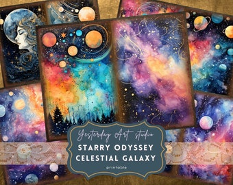 Celestial Galaxy Junk Journal Page Digital Scrapbook Paper Kit Ephemera Celestial Junk Journal Printable  Collage Celestial Junk Journal Kit