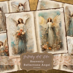 Peut inclure: Un collage numérique d'images de style vintage représentant des anges avec des ailes, des fleurs et un fond aquarelle. Les images sont disposées en grille et ont un aspect vieilli et détérioré. Le texte "Yesterday Art Studio Heavenly Reflections Angel printable" est en bas du collage.