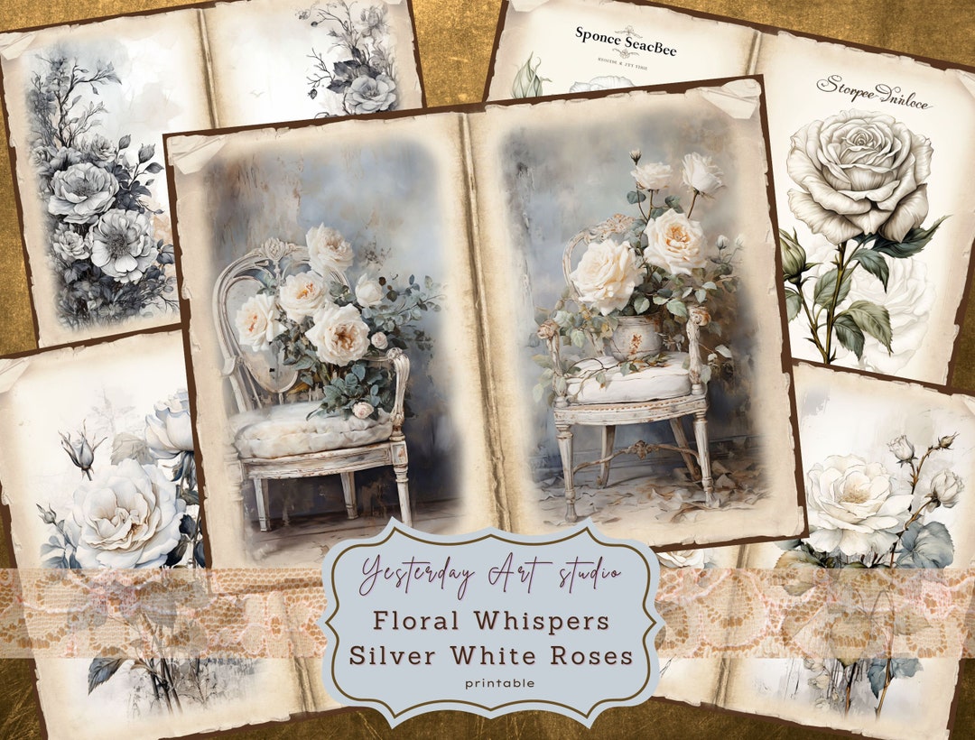 Silver White Roses Junk Journal Pages Digital Scrapbook Paper Kit ...