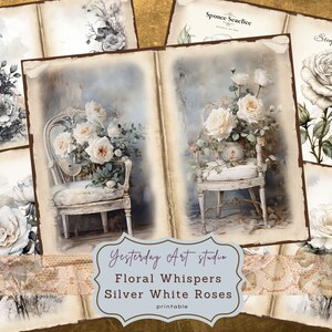 Silber weiße Rosen Junk Journal Seiten Digitales Scrapbook Papier Kit Vintage Ephemera Collage Weiß Blumen junk journal kits Seiten mit Rosenmotiven