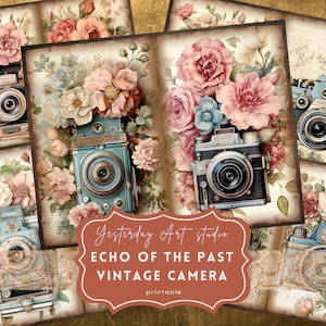 Puede incluir: Un collage de ilustraciones de cámaras vintage con arreglos florales en tonos rosa, azul y crema. El texto "Yesterday Art studio" y "ECHO OF THE PAST VINTAGE CAMERA printable" es visible.