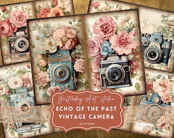 May include: A collage of vintage camera illustrations with floral arrangements in shades of pink, blue, and cream. The text "Yesterday Art studio" and "ECHO OF THE PAST VINTAGE CAMERA printable" is visible.