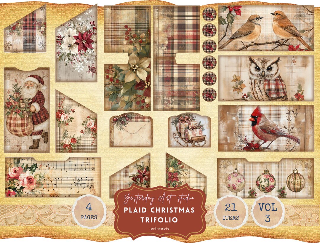 Vintage Christmas Holiday Plaid Faded Collage Rustic Floral Printable ...