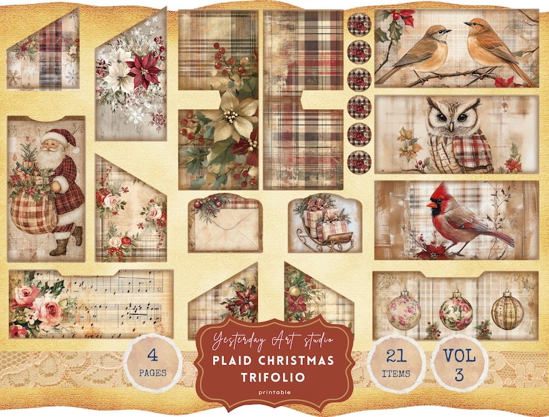 Vintage Christmas Holiday Plaid Faded Collage Rustic Floral Printable ...