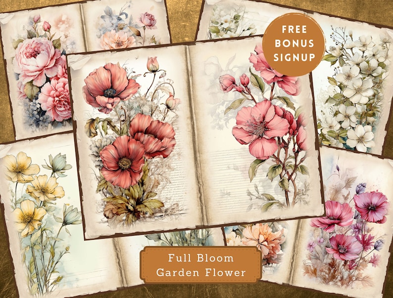 Peut inclure: Un collage d'illustrations florales de style vintage mettant en sc&egrave;ne diff&eacute;rentes fleurs, dont des coquelicots, des roses et d'autres fleurs. Les images sont sur fond de vieux papier textur&eacute;.