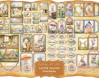 May include: A set of 55 printable Easter digital papers and elements featuring bunnies, eggs, flowers, and other spring-themed imagery. The papers are in a vintage style with a soft color palette of pastel pink, blue, yellow, and green.