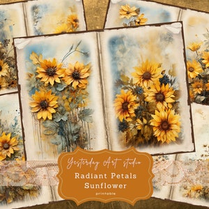 May include: A digital collage of watercolor paintings featuring sunflowers with yellow petals and brown centers. The images are arranged in a grid pattern and have a vintage aesthetic. The text "Yesterday Art Studio Radiant Petals Sunflower printable" is included in the image.