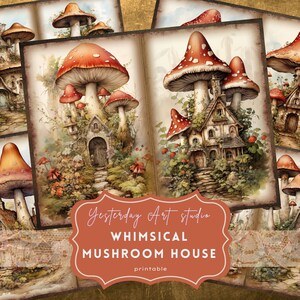 Strony dziennika śmieci Mushroom House Ephemera Cyfrowy album do scrapbookingu Zestaw papieru Mushroom House Kolaż Różowa fantazja Zestawy dzienników śmieci Mushroom House