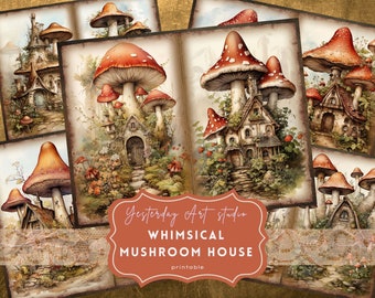 Mushroom House Junk Journal Pages Ephemera Digital Scrapbook Mushroom House Paper Kit Collage Pink Fantasy Mushroom House Junk Journal Kits