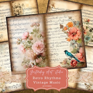 Vintage Music Sheet Junk Journal Pages Ephemera Digital Scrapbook Paper Kit Collage Holiday Sheet Music Junk Journal Kit flower music papers