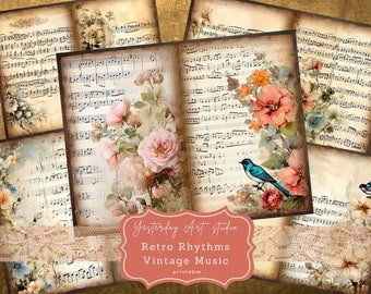 May include: Digital collage sheet with vintage sheet music, floral designs, and birds. The sheet music has a faded, antique look. The flowers are pink, red, and blue. The birds are blue and white. The text on the sheet reads "Yesterday Art Studio, Retro Rhythms, Vintage Music, printable".
