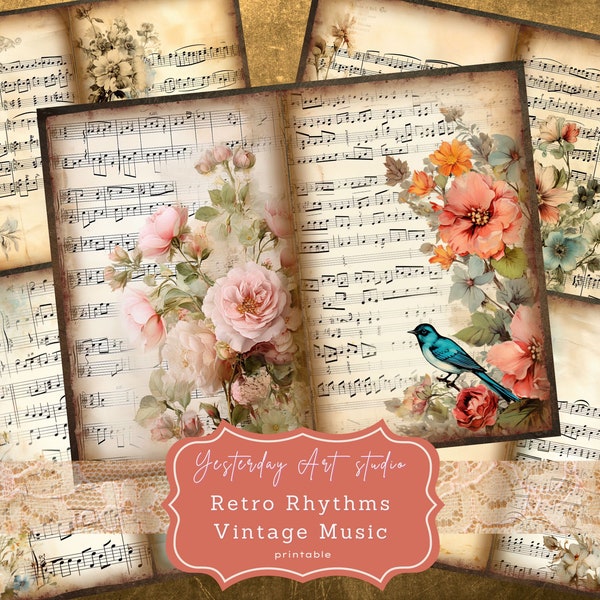 Vintage Music Sheet Junk Journal Pages Ephemera Digital Scrapbook Paper Kit Collage Holiday Sheet Music Junk Journal Kit flower music papers