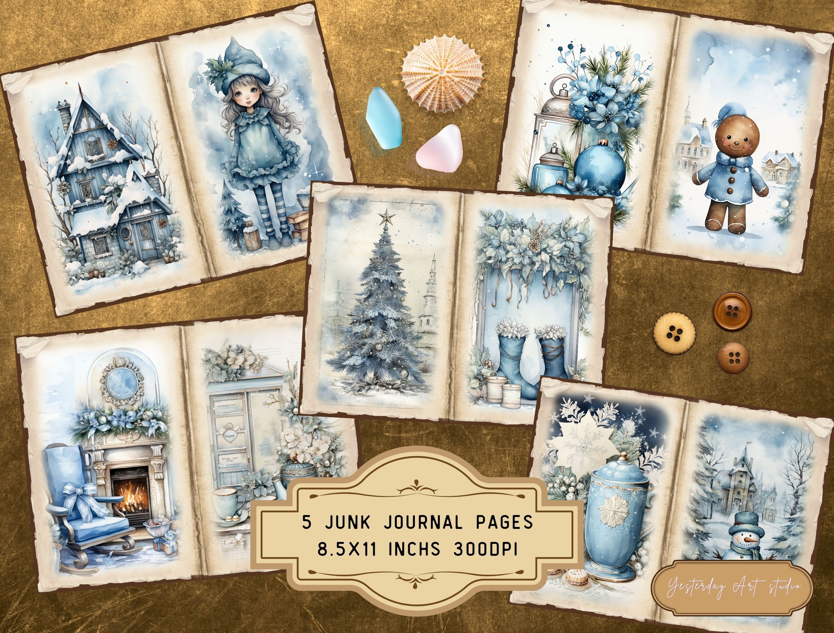 Blue Christmas Junk Journal Pages Digital Scrapbook Paper Kit Vintage ...