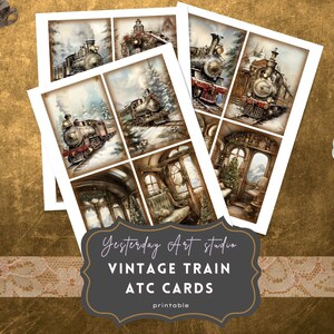 Vintage Train ATC tarjetas Etiquetas Ephemera Imprimible Fussy Cut Craft Suministros Adornos Descarga digital Scrapbook Making Kit