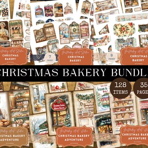 Puede incluir: Un kit de scrapbooking digital con 128 elementos y 35 páginas con ilustraciones de una panadería navideña. El kit incluye imágenes de casas de jengibre, galletas, pasteles y otras golosinas navideñas. El texto "Yesterday Art Studio Christmas Bakery Adventure Vol. 3" está incluido en la imagen.