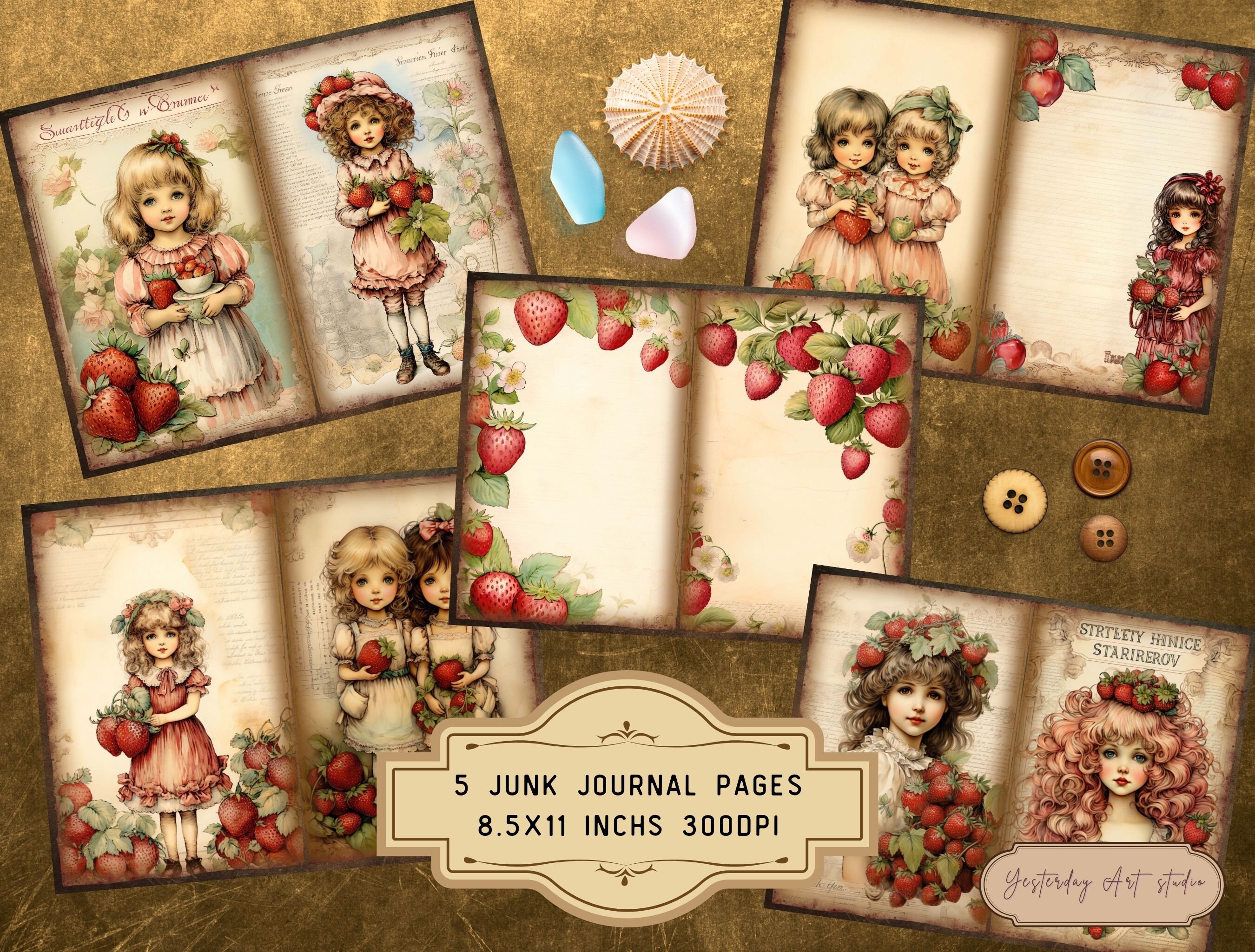 Strawberry Girls Junk Journal Pages Digital Scrapbook Paper Kit Vintage ...