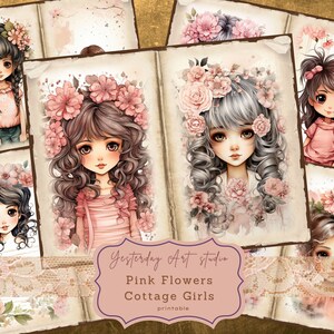 Rosa Blumen Mädchen Cottage Junk Journal Seiten Digitales Scrapbook Papier Kit Vintage Ephemera Collage Sheet Skurriles Vintage Journal Kit