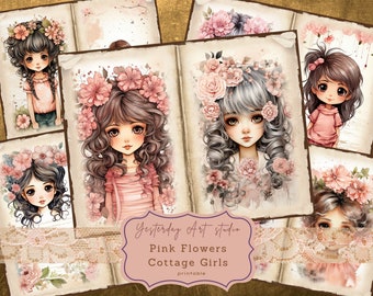 May include: Digital collage sheet featuring five illustrations of girls with pink flowers in their hair. The girls are wearing pink and white clothing. The text "Yesterday Art Studio, Pink Flowers Cottage Girls, printable" is at the bottom of the sheet.