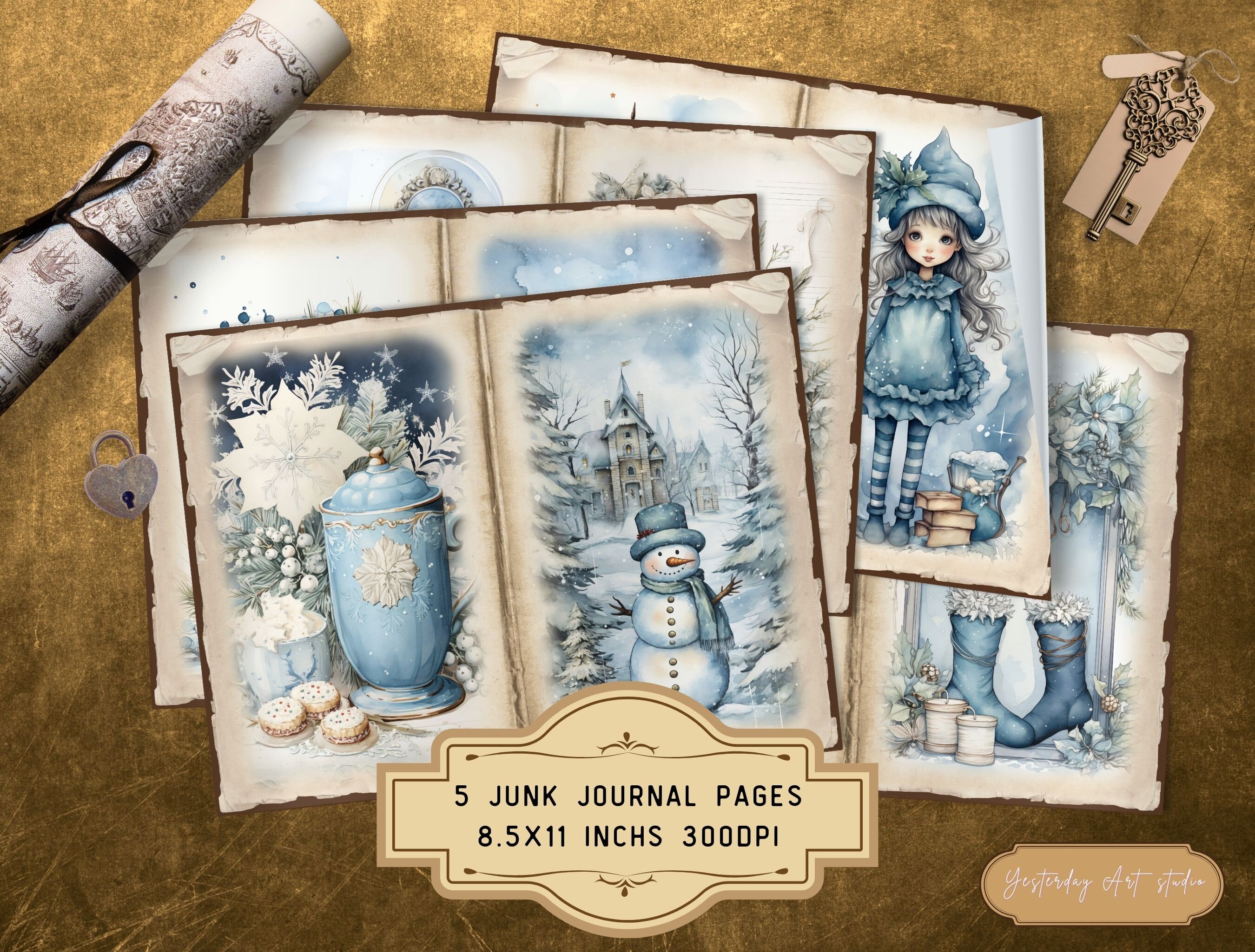 Blue Christmas Junk Journal Pages Digital Scrapbook Paper Kit Vintage ...