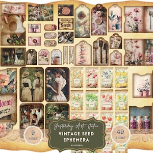 Kit de diario basura con paquete de semillas vintage, efímera botánica imprimible, papel de álbum de recortes con motivos florales antiguos, papel de jardinería rústico imprimible para jardín
