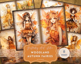 May include: Eight printable pages featuring watercolor illustrations of fairies with autumn leaves and wings. The fairies are wearing dresses and have long flowing hair. The text "Woodland Autumn Fairies" is printed on a brown banner.