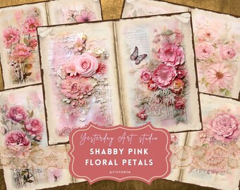 Shabby Pink Floral Junk Journal Pages Ephemera Digital Scrapbook Paper Kit Collage Vintage floral Junk Journal Kits Pink Floral Romance