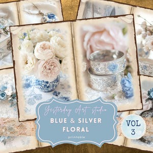 Dreamy Vintage Floral Junk Journal Kit Blue and Silver Flowers Ephemera Shabby Chic Junk Journal Pages Dusty Blue Floral Scrapbooking Supply