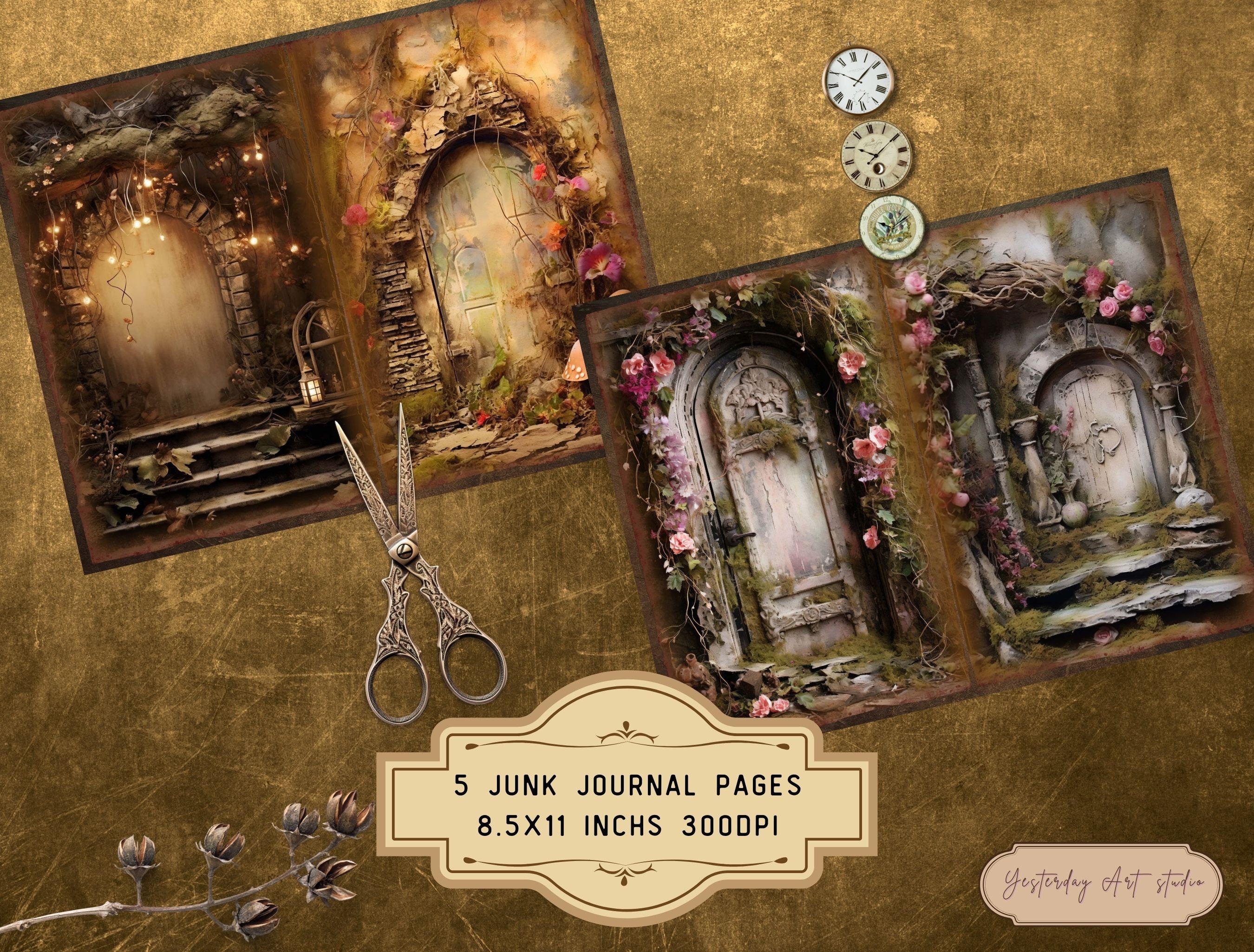 Fairy Cave Door Junk Journal Pages Digital Scrapbook Paper Kit Vintage ...