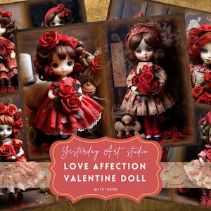 Valentine Doll Junk Journal Página Ephemera Digital Scrapbook Valentine Paper Kit Collage Valentines Junk Journal Kit San Valentín Día Amor