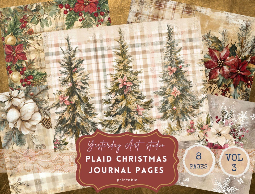 Vintage Christmas Holiday Plaid Faded Collage Rustic Floral Printable ...