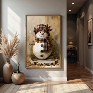 May include: A whimsical snowman with a plaid scarf and a red berry crown stands on a wooden stump against a rustic background.