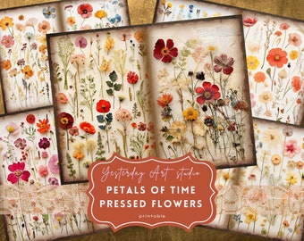 Flores prensadas Diario basura Papeles imprimibles Scrapbook Kit de papel Vintage Ephemera Collage Flores secas Junk Journal Kit Botánicos secos